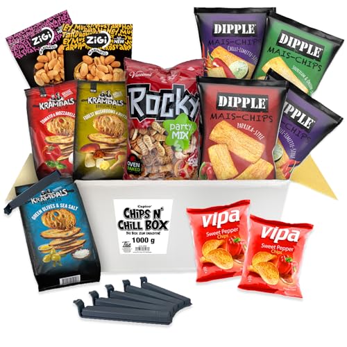 Chips n Chill Box - Die Box zum Snacken (1Kg /12 Teile) inkl. Tütenclips