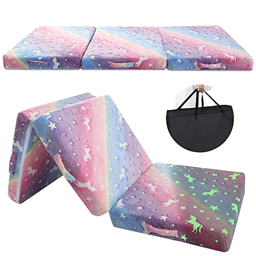 Memorecool Foldable Floor Mattress For Kids, Coloful Glow In The Dark Toddler Floor Nap Mat For Sleeping Daycare, Small Child Foldable Mattress Floor Bed, Trifold Futon Portable Tri Folding Mattress #TOP26