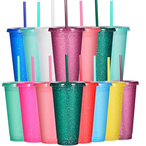 Suertestarry Tumbler with Straw and Lid,Water Bottle Iced Coffee Travel Mug Cup,Reusable Plastic Cups,Perfect for Parties,Birthdays,24oz-15 Pack (15 Pack Glitter, 15 pack)