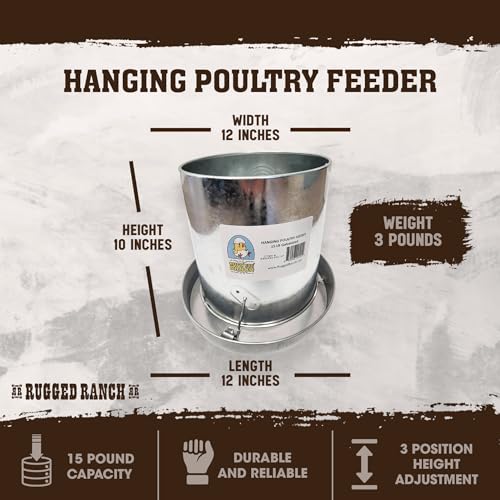 Rugged Ranch Products RuggEgg Ranch 15 Pound Capacity Versatile and Space Saving Hanging Galvanized Poultry Feeder with 3 Position Height Adjustment