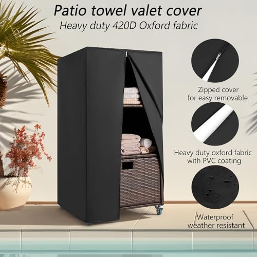 Outdoor Pool Towel Storage Cabinet Organizer Pool Towel Valet Rack with Storage Shelves & Drawer Patio Wicker Pool Towel Holder with Rolling Wheels Poolside Towel Caddy w/Cover for Hot Tub Spa Brown - Thumbnail 6