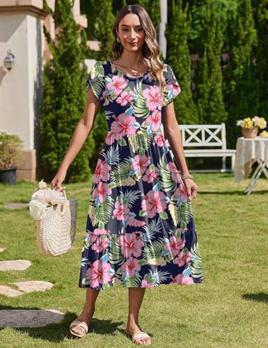 Image of Zeagoo Women Summer Midi A Line Dress Short Sleeve Casual Flowy Tiered Beach Long Sundress with Pockets 2026 Vacation Travel
