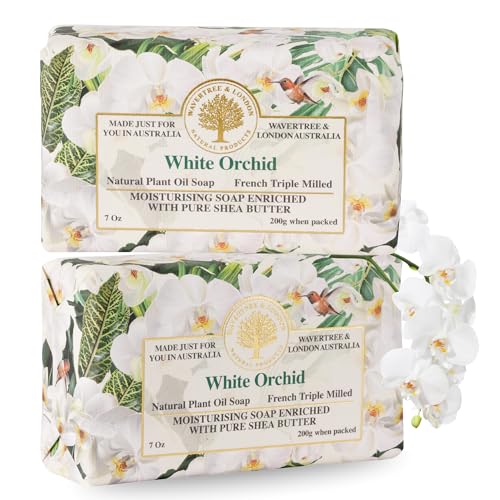 Image of Wavertree & London White Orchid Scented Natural Soap (2 Bars), 7oz Moisturizing French Triple Milled Soap Bars enriched with shea butter - Pure Plant Based Bath & Body Bars for All Skin Types