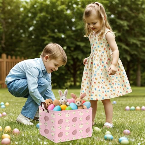 Image of Large Cute Easter Basket for Kid Empty Gift Baby Rectangle Storage Bin Bunny Eggs Boy＆Girl Room Decor (Rabbit Pink Flower Egg)