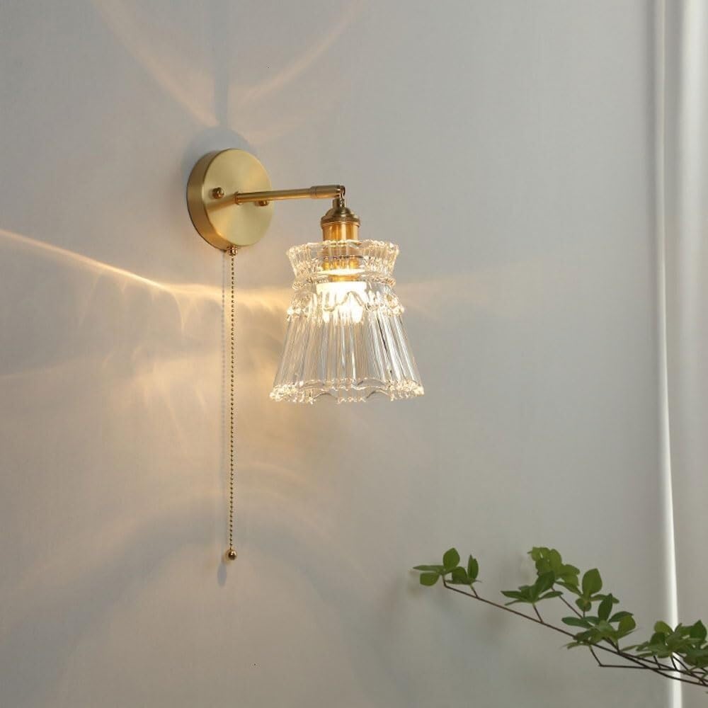 TONFON Lámpara de pared retro con tirador de cristal transparente, aplique de pared de latón dorado con interruptor de cable for dormitorio, mesita de noche, sala de estar, sala de estudio, pasillo, e