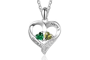 Personalized Sterling Silver 2 Names Necklace with Two Heart-Shaped Birthstones