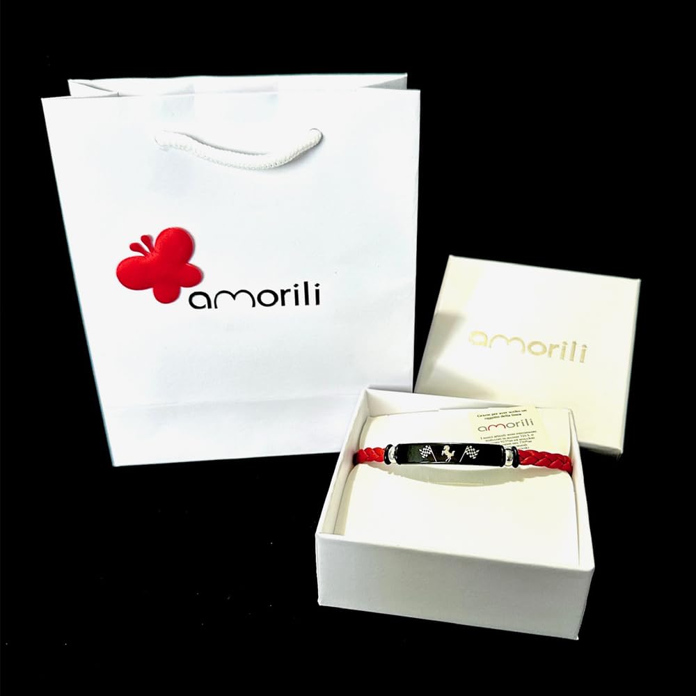 Bracciale in Pelle con Cavallino Rampante e Bandiere a Scacchi, Nero, 21 cm, per Uomo