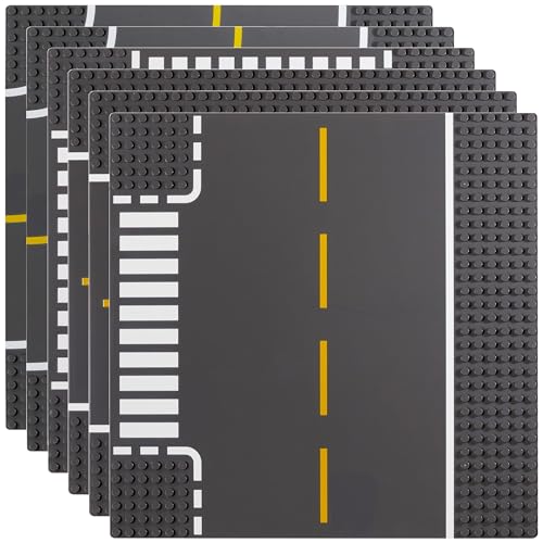 Apostrophe Games Road Baseplate – Premium Building Blocks Base Plates Compatible with All Major Brands – 6pcs Baseplate Gray with Road Design – Straight, Curve, Crossroad, T-Junction