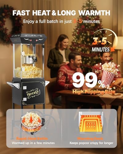 Image of 8 oz Popcorn Machine Cart, Popcorn Maker Machine with Stainless-Steel Kettle Makes Up to 32 Cups, Movie Theater Style Pop Corn Machine with Heated Warming Deck, Upgraded, Black