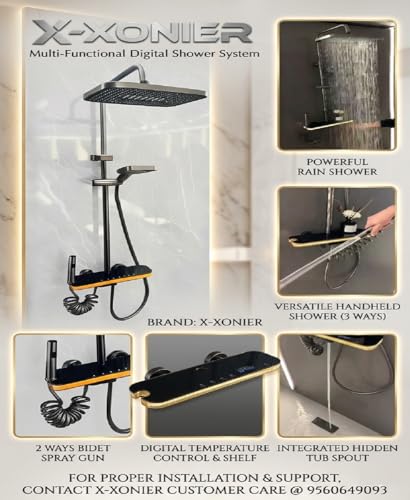 Image of X-XONIER Luxury thermostat Shower set System 4in1 shower panel with large Overhead Shower+3 Ways Hand Held, 2 way biget, Hidden Tub Spout,+Sun Shine Big light, digital temperature display
