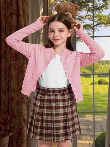 YKR Girls Cardigan Sweaters Long Sleeve Cable Knitted Cropped Sweater Button Closure Tops 5-12Y4