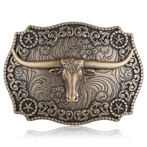 Image of HUABOLA CALYN Long Horn Bull Belt Buckles for Men Women American Flag Texas Star Belt Buckles
