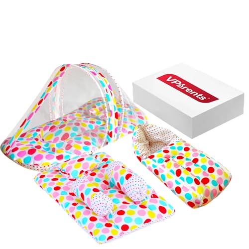 Image of VParents Baby Bedding Set with Mosquito net Sleeping Bag and 4 Piece Gadda Set and Bolsters Combo (Polka dots) 110278
