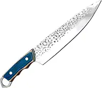 Faca de Churrasco Profissional com Cabo De Madeira na Cor Azul, Lâmina em Aço Inoxidável Resistente com Acabamento Texturizado, Comprimento Total 32cm, Estrutura Monobloco, Com Bainha