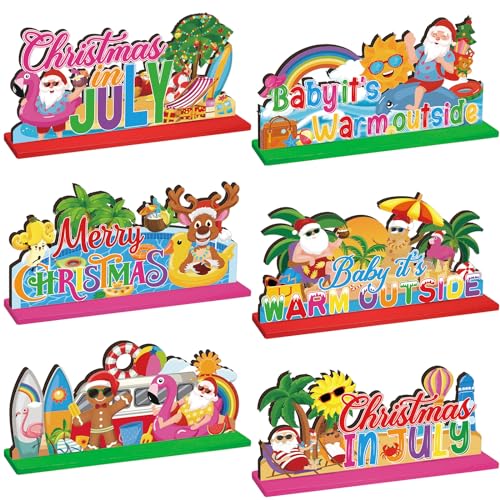 Image of Suzile 6 Pcs Christmas in July Table Decorations, Summer Christmas Table Centerpieces, Tropical Santa Tiered Tray Decor, Flamingo Surfboard Beach Santa Decor for Home Kitchen Party Hawaiian Ornaments