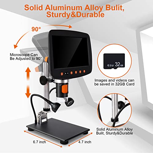 Marglit 7" Lcd Digital Microscope, Coin Microscope 1200X，8.5 Inch Adjustable Stand, 10 Dimmable Microscope Led Lights For Specimens, Compatible With Windows/Mac Os/Tv Included 32Gb Card And Remote #TOP5