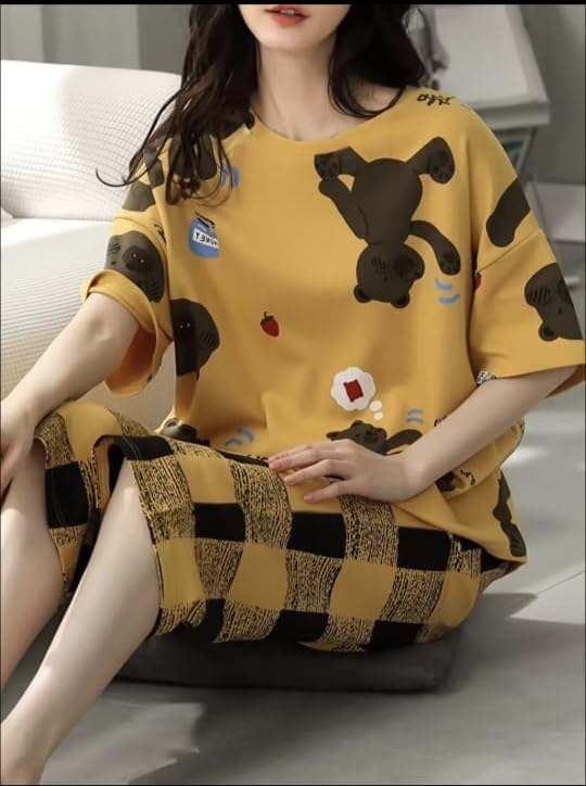 Image of Women Capri Pajama Set Korean Style Nightsuit Soft Breathable Top and Mid Length Pants Lightweight Loose Fit Nightwear Loungewear