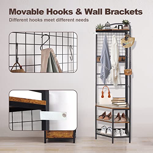 Corner Hall Tree, Entryway Coat Rack With 6 Hooks And Shoe Storage, Freestanding Hallway Storage Shelf Organizer, Vintage Multifunctional Clothes Rack For Home Office Bedroom #TOP5
