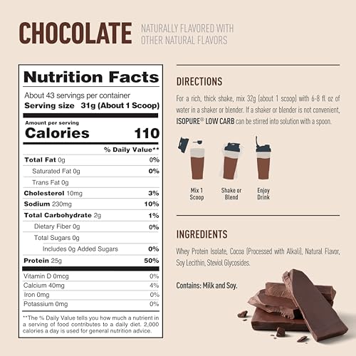 Image of Isopure Low Carb 100% Pure Whey Isolate Protein Powder, Lactose Free, Gluten Free, with Vitamins, Chocolate, 25g Protein Per Serving, 3 Lbs, 42 Servings (Packaging May Vary) | 25g Protein Per Serving, 100% Whey Protein Isolate, Lactose Free, Gluten Free, with Added Vitamins, 5 or Less Ingredients