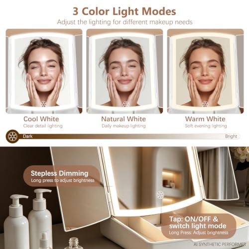 Image of Makeup Mirror with Lights, Tri-Fold Vanity Mirror, 3 Colors, 5X /10X
