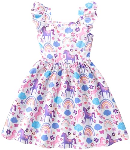 Little Girls Summer Dresses Square Neck Ruffle Flutter Sleeve Kids Toddler Unicorn Casual A-Line Swing Sundress 2-8 Years