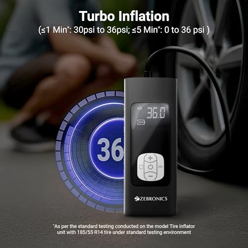 Image of ZEBRONICS 19TI6, Tyre Inflator, 150 PSI, 6000mAh, Super Fast Inflation, Power Bank Function, Type-C, Included 12V Car Adapter, Wired & Wireless Mode, SOS Mode, Flashlight, for Car | Bike | Bicycle