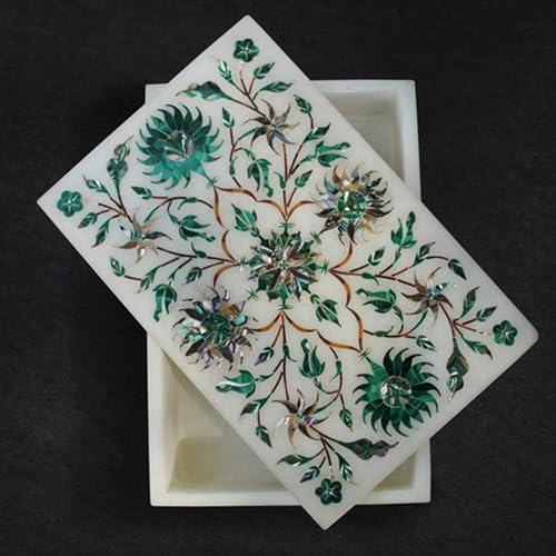 Boîte à bijoux en marbre blanc, malachite et ormeau d'exception
