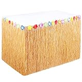 PHOGARY Luau Grass Table Skirt w/Hibiscus Flowers for Hawaiian Party Decorations, 9ft x 29in Fake Grass Fringe for Tiki Hut Bar Tropical Bridal Shower, Summer Island Beach Party
