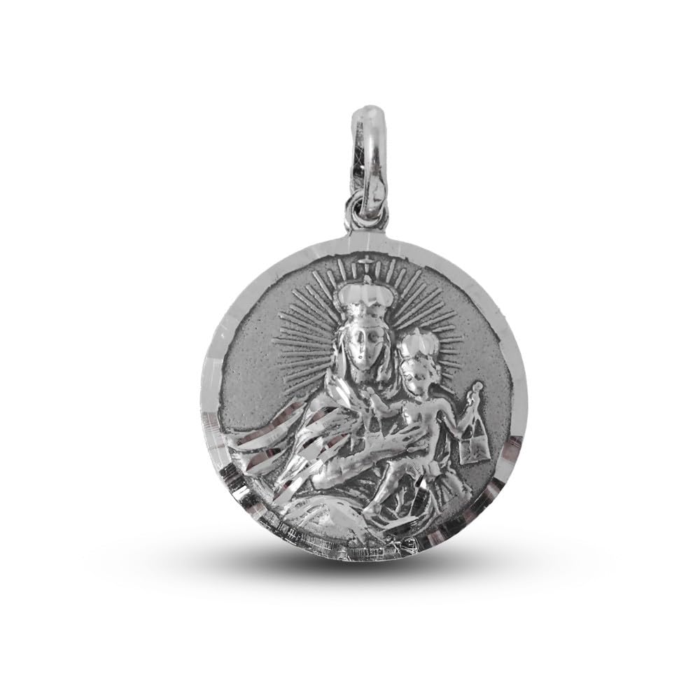 Escapulario Corazón de Jesús Virgen del Carmen Medalla Plata Ley 925m unisex 23 mm. macizo tallada