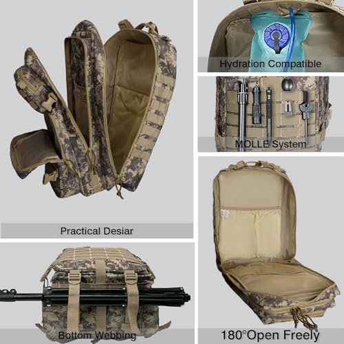 Image of Military Tactical Backpack for Men, 45L 3 Day Assault Pack, Heavy Duty Large Molle Backpack for Outdoor, Hiking, Camping, Camouflage Khaki