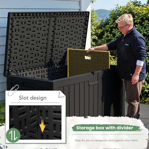 Image of Greesum 230 Gallon HDPE Outdoor Storage Box with Removable Dividers, Weatherproof Oversized Deck Box for Patio, Garage, Garden, Black