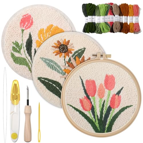 Image of Lyksgir 3 Sets Punch Needle Kits, Punch Needle Embroidery Starter Kits for Adults Beginners, DIY Easy Flower Embroidery Set with Printed Pattern, Hoops, Yarns, Instruction and Threader Tools