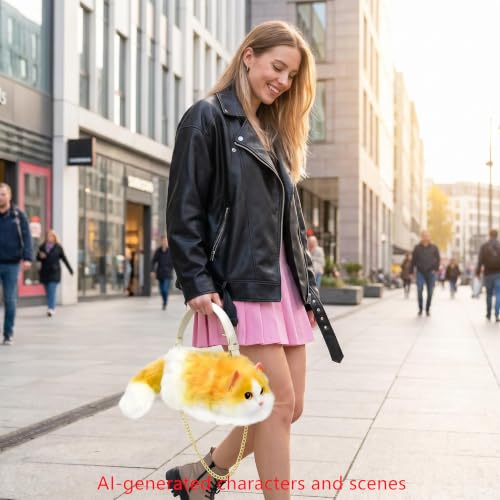 Image of Realistic Puffy Plush Cat Shaped Crossbody Handbag for Women