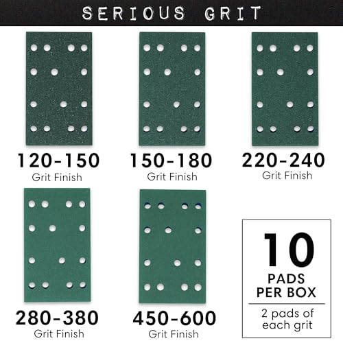 Image of Serious Grit - 3x5 1 /2 inch Foam Sanding Pads Assortment - 10 Pack Box | Fits Festool RTS 400 & Mirka DEOS 353 - 80x133mm - 2 Each: 120-150, 150-180, 220-240, 280-380, 450-600 - Made in USA