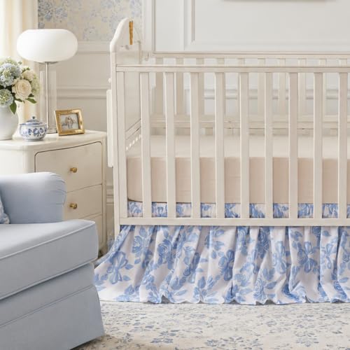 Image of Brandream Organic Cotton Crib Skirt Dust Ruffle, Baby Girl Crib Bed Skirt, 4-Sided, Luxury French Vintage Blue Rose Floral & Bow Cottagecore Toddler Bedskirt Farmhouse Chic Nursery Bedding Skirt