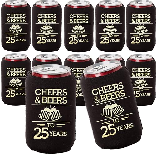 Cheers and Beers to 25 Years Can Coolers, Set of 12 - Black and Gold 25th Birthday Decorations and Party Favors for Men and Women - Cheers to 25 Years