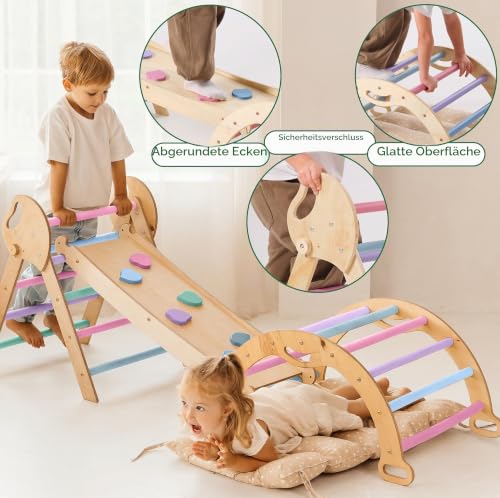 Foto von Goodevas 5-in-1 Montessori Klettergerüst Set: Indoor Kletterdreieck, Kletterbogen mit Kissen, und Rutsche für Kinder, Indoor Spielplatz bis zu 3 Jahren (Pastel)