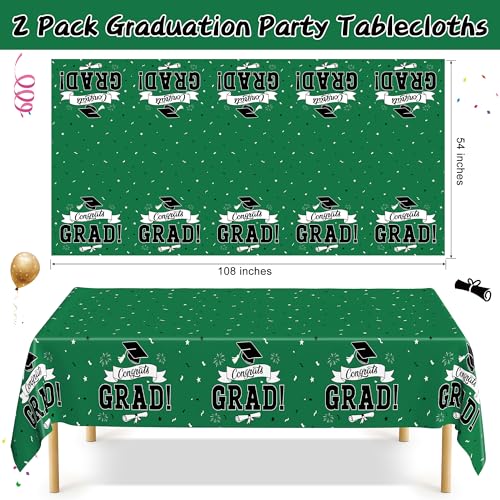 Image of 2Pcs Graduation Tablecloth, 108 inch X 54 inch Green Graduation Table Decorations 2026, Rectangle Tablecovers for Class 2026 Congrats Grad, Disposable Plastic Tablecover for Grad Decor Party Supplies for Kids