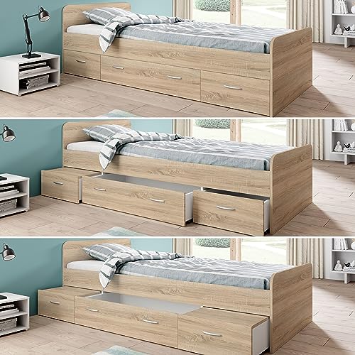 Boro Modernes Einzelbett mit 3X Schubkästen 90 x 200 cm - Praktisches Jugendzimmer Kojenbett in Eiche Sonoma Optik - 95 x 66 x 204 cm (B/H/T)