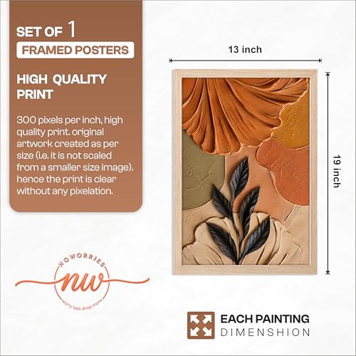 Image of NoWorries 3D Abstract Leaf Wall Painting with Frame Set of 1 | Premium Textured Black Leaf Artwork, Earthy Terracotta Botanical Wall Decor for Living Room, Bedroom, Office and Home Decoration (3d Art-5,13x19inch)