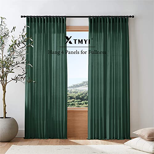 Image of XTMYI Emerald Dark Green Curtains for Living Room 84 Inches Long 2 Panels Set Linen Rod Pocket Back Tab Hooks Pleated Hunter Green Vintage Retro Curtains for Bedroom Decor Dining Room