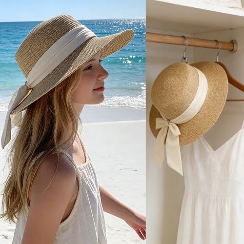 Sombrero de paja para mujer con ala ancha y lazo miniatura 4