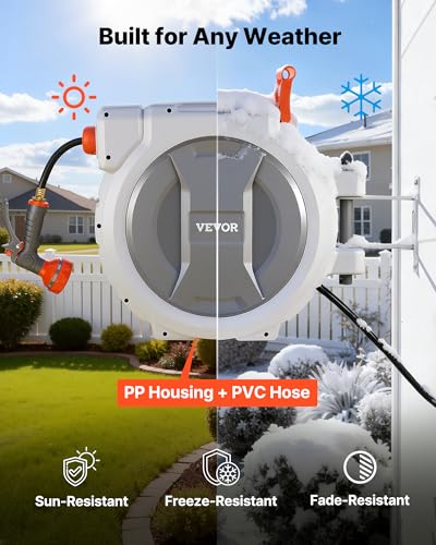 Image of VEVOR Retractable Garden Hose Reel, 1 /2 in x 130 ft, Wall Mounted Hose Reel with 9-Function Sprayer Nozzle and 180 Swivel Bracket, Any Length Lock, Automatic Slow Rewind System, for Garden Watering