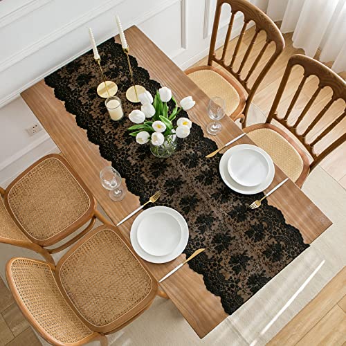 Black Lace Table Runner 16"X48", Floral Embroidered Black Runner For End Table Coffee Table Buffet, Black Lace Doilies Dresser Runner Scarf, Black Table Decoration For Holidays Party #TOP1