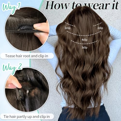 Image of KooKaStyle Wavy Thick Clip in Hair Extensions 24 inch Chocolate Brown | Natural Volume & Seamless, 4 Pieces Clip in Extensions,Fiber Double Weft Hairpieces,Long Wave Synthetic Hairpiece for Women
