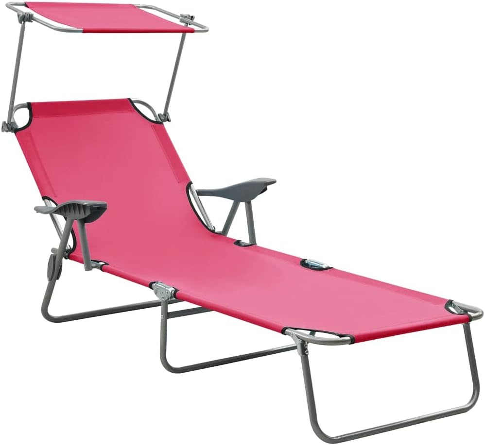 Outdoor Bed for Patio, Backyard, Garden, Outside Tanning Chairs,Beach Chair Lounge Chair with Steel Frame and Breathable Textile Fabric,Sun Lounger with Canopy Steel Leaf Print (Pink)