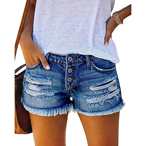MIFOCAL Women's Ripped Denim Jean Shorts Mid Rise Summer Hot Stretchy Comfy Teen Girls Shorts, Large Cover