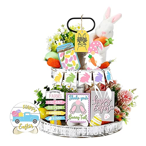 Y2 2023 Plateau de Pâques à étages en bois avec support pour décoration de table de Pâques et de vacances Vert, rose, Taille Unique