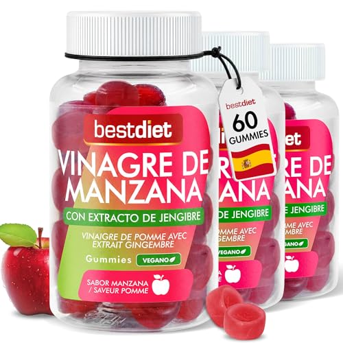Gominolas de Vinagre de Manzana y Jengibre – 60 Gummies Veganas 3 Pack – Complemento Alimenticio para el Control de Peso – 500 mg de Vinagre de Manzana por Dosis – Best Diet