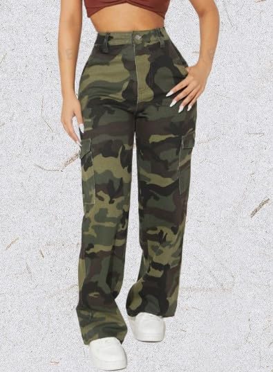 Generic Camouflage Cargo Jeans with Straight Leg Cut, High Waist Fit, Multi-Color Print, Multiple Pockets2